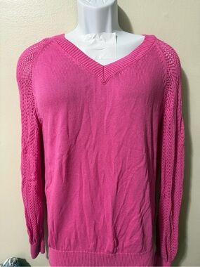 V-Neck Openwork Sleeve Sweater in Bright Pink